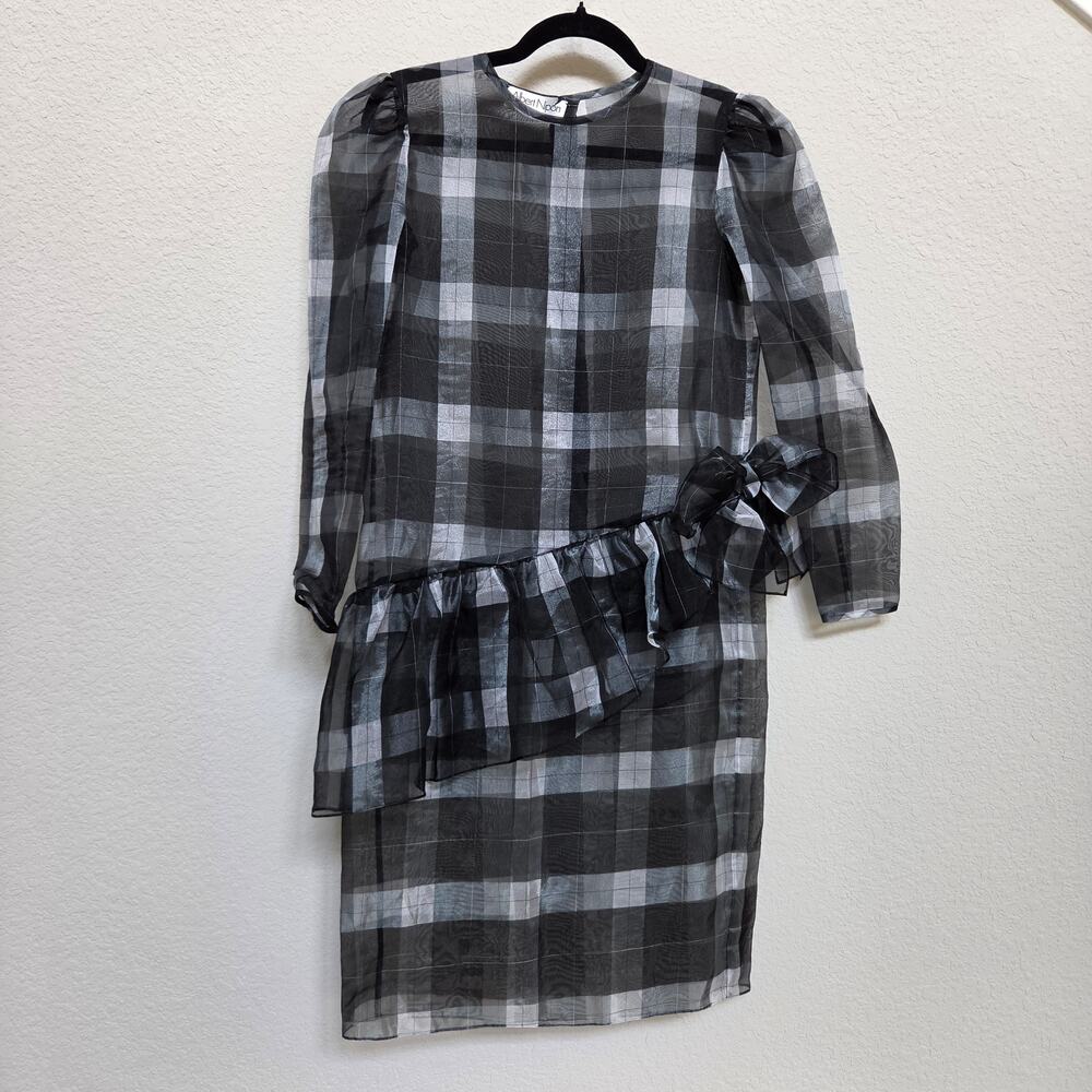 Vintage Sheer Dress with Bow and Ruffle Albert Nipon S XS Petites Plaid Organza